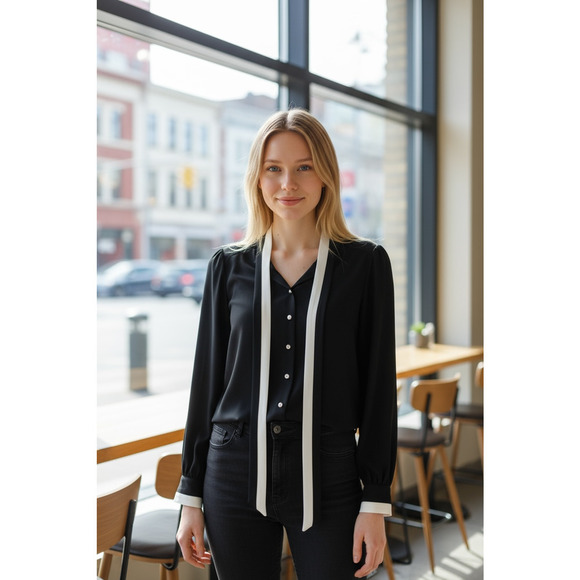 Cece Long Sleeve Button Down Shirt Sheer Black and White Pearl Accents Sz Small - Picture 1 of 11